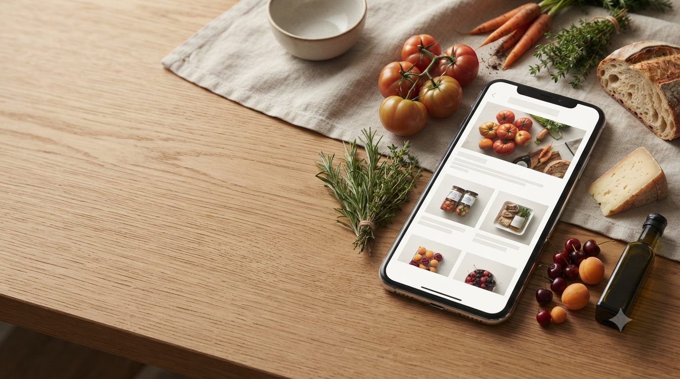 Un mòbil amb l'aplicació de MercatDigital envoltat de productes frescos del mercat.